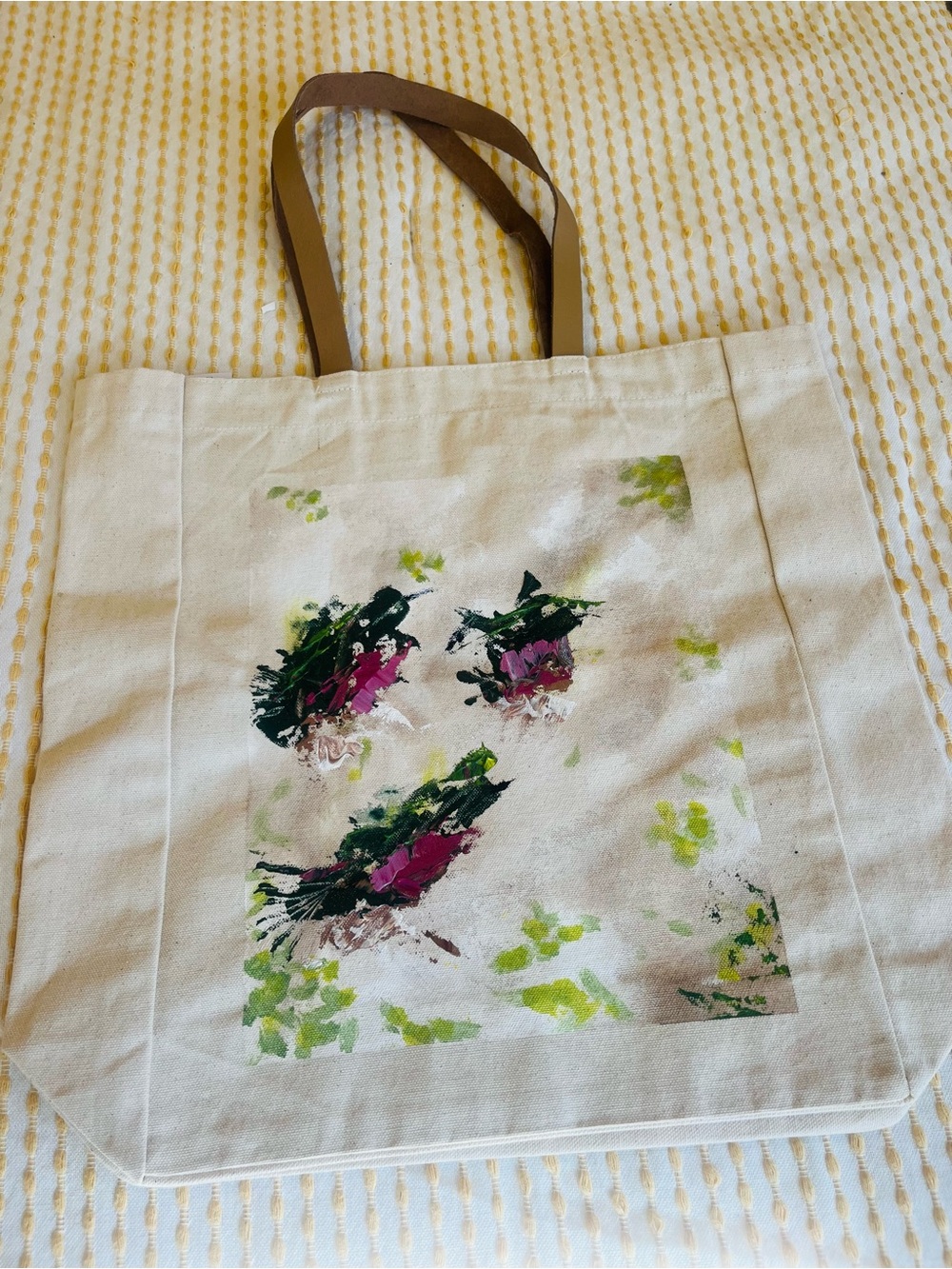 Cream Canvas Tote with Green and Pink, Hand Painted Artwork
